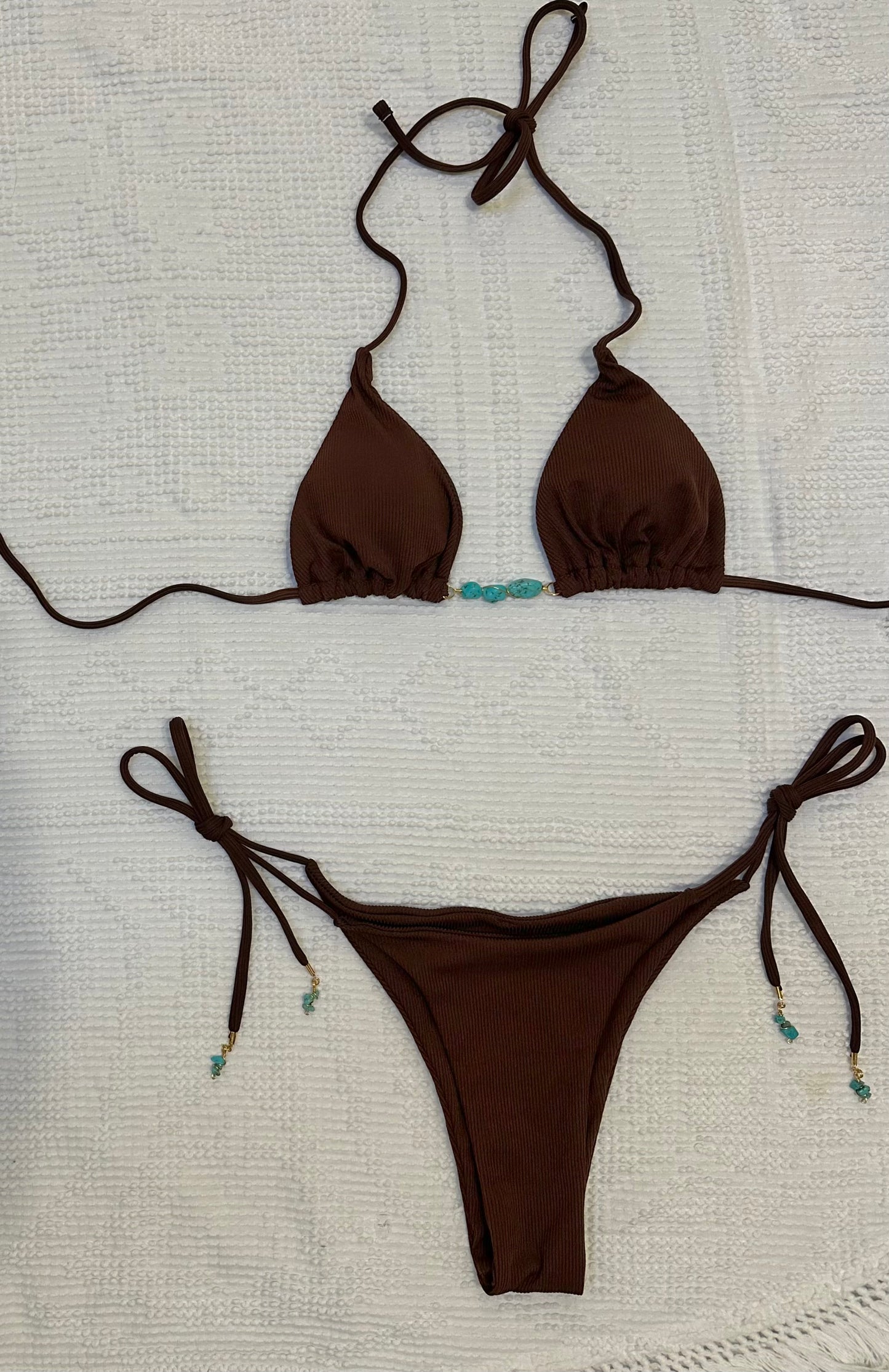 soft triangle cheeky turquoise brown bikini set