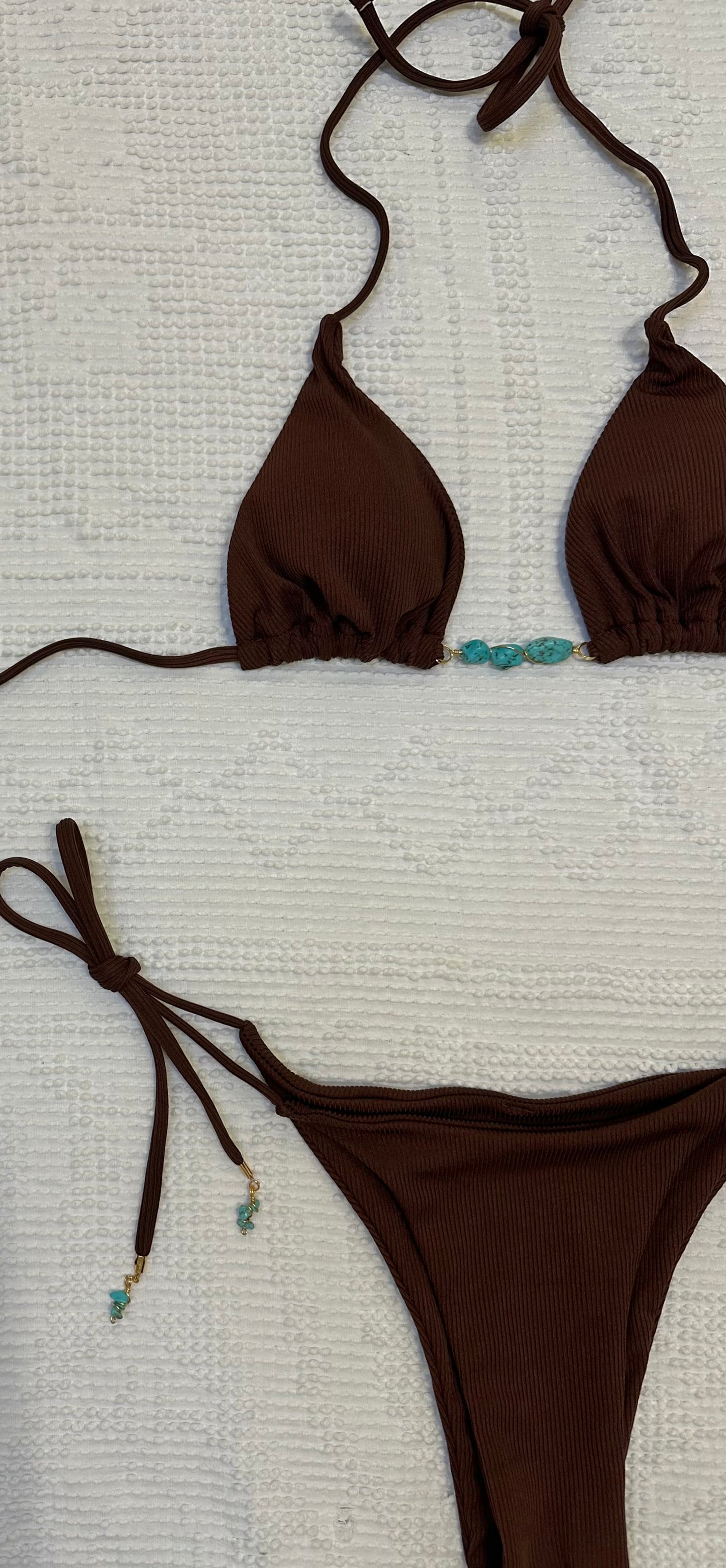 soft triangle cheeky turquoise brown bikini set