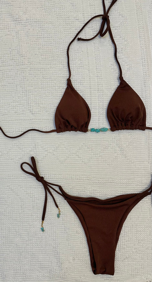soft triangle cheeky turquoise brown bikini set